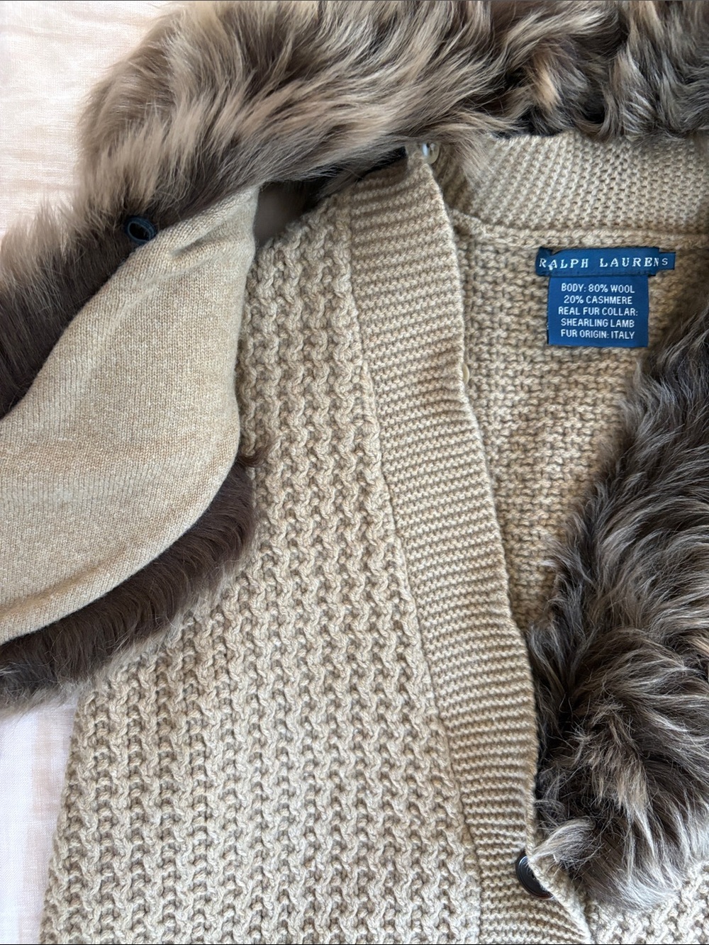 Ralph Lauren Blue Label Tan Knit Sleeveless Cardigan w/ Shearling Shawl - Picture 5 of 9